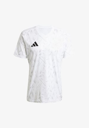 Witte sporttrui met een geometrisch patroon, V-hals, korte mouwen en een zwart Adidas-logo op de linkerkant van de borst. Gemaakt van lichtgewicht materiaal.