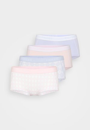 Quattro paia di boxer in cotone elasticizzato in colori pastello: azzurro chiaro, rosa chiaro e bianco, con un motivo a rombi sul paio anteriore.