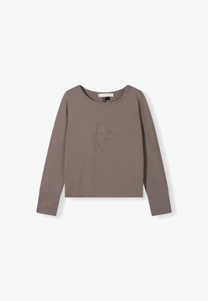 Long-sleeve gray top featuring a crew neck, cropped design, and subtle embossed lettering across the front. Soft fabric, minimal seams.