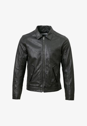 Zwarte leren jas met een kraag, een voorrits en twee zijzakken. Glad oppervlak met een klassiek ontwerp en een getailleerde pasvorm.