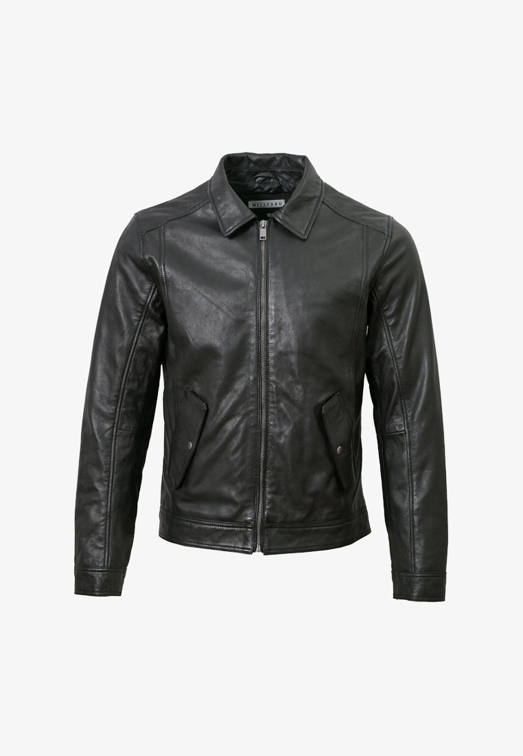 Schwarze Lederjacke mit Kragen, Frontreißverschluss und zwei seitlichen Taschen. Glatte Textur mit klassischem Design und figurbetonter Passform.