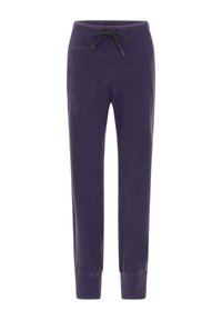 Paarse joggingbroek met een trekkoord in de taille, ribgebreide boorden en twee voorzakken. Gemaakt van zachte stof met een gladde textuur.