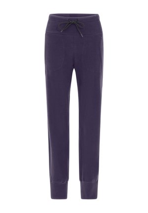 Pantaloni della tuta viola con vita elasticizzata e cordino, polsini a coste e due tasche frontali. Realizzati in materiale morbido con una texture liscia.
