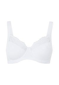 Witte onderwire beha met brede schouderbanden en kanten details langs de bovenranden van de cups.