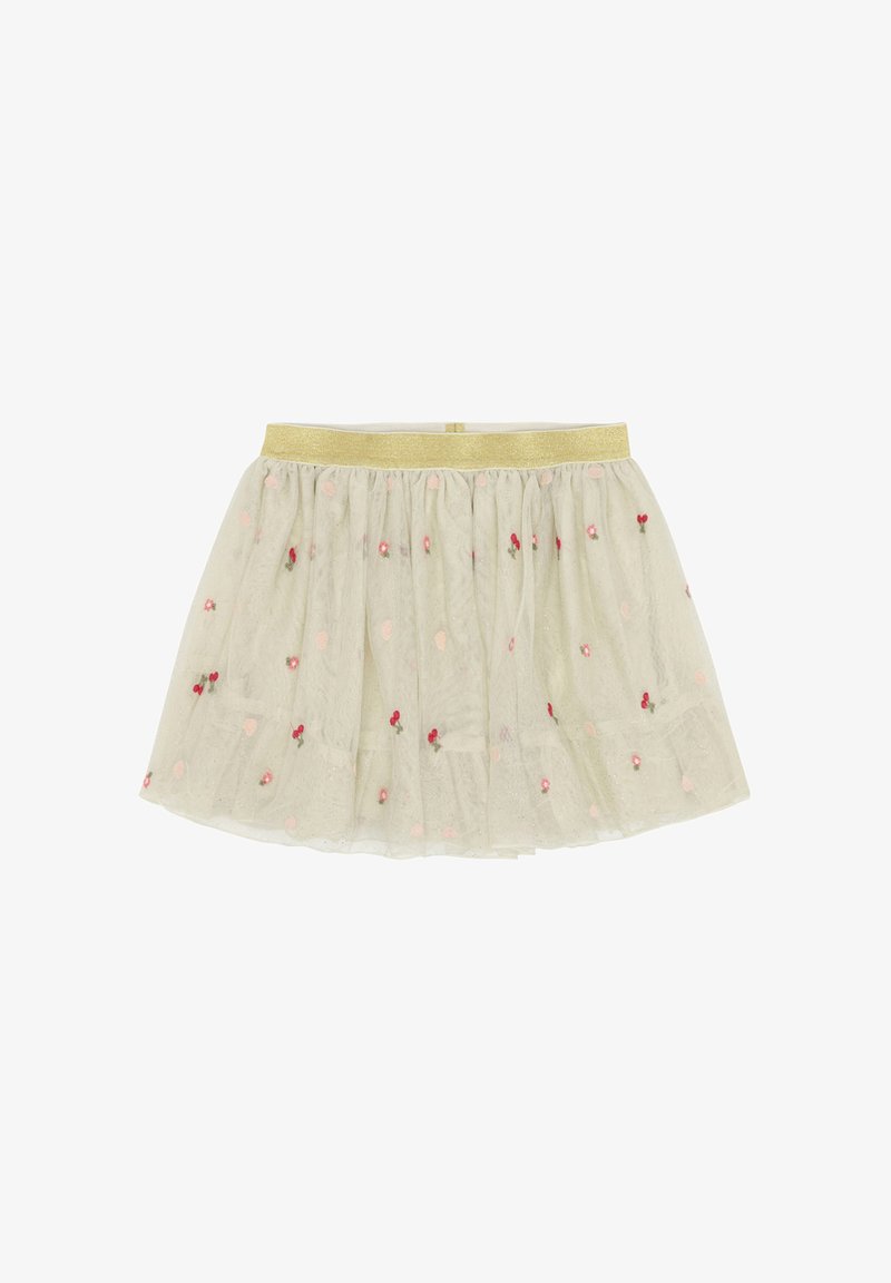 Jupe en tulle beige clair avec une petite broderie florale rouge et rose, et une large taille élastique dorée brillante.
