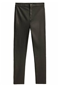 Svarta, åtsittande leggings med en jämn textur, med en medelhög midja och en ren framsida. Inga synliga detaljer eller fickor.