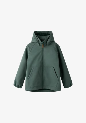 Groene capuchonjas met ritssluiting aan de voorkant, kangoeroezak, elastische manchetten en een losse pasvorm, ontworpen voor casual gebruik.