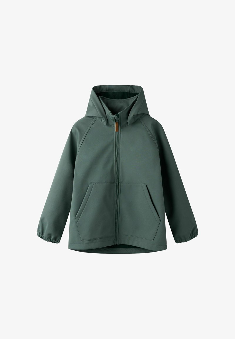 Veste à capuche verte avec fermeture éclair avant, poche kangourou, poignets élastiques et coupe décontractée conçue pour un usage quotidien.