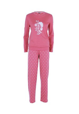 Set di pigiama in cotone rosa composto da una maglietta a manica lunga con design floreale e pantaloni decorati con piccoli diamanti. Texture morbida in tutta la linea.