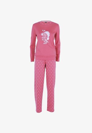 Set di pigiama in cotone rosa composto da una maglietta a manica lunga con design floreale e pantaloni decorati con piccoli diamanti. Texture morbida in tutta la linea.