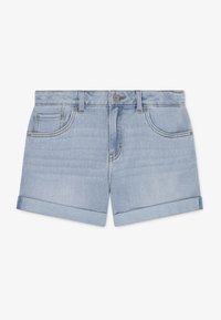 Jeansshorts in Hellblau mit Knopfverschluss, aufgerollten Säumen, fünf Taschen und dezenten Verwaschungen. Glatte Textur und lässiges Design.