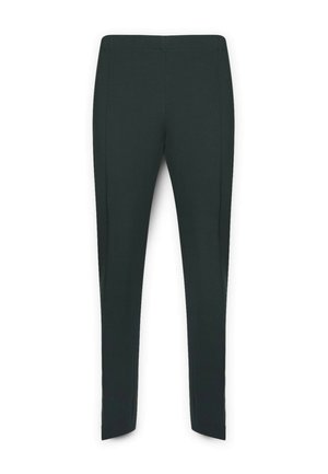 Dunkelgrüne, dehnbare Stoffhose mit glatter Textur. Figurbetontes Design und flacher Bund. Keine sichtbaren Nähte oder Verzierungen.