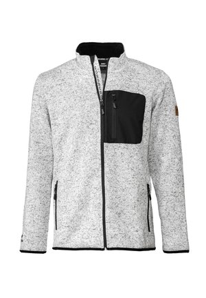 Graue Zip-Jacke aus strukturiertem Stoff, mit einer schwarzen Brusttasche, zwei Seitentaschen und einem hohen Kragen mit kontrastierenden Akzenten.