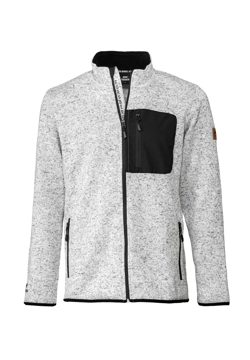 Grijze ritsjacket van textuurstof, met een zwarte borstzak, twee zijzakken en een hoge kraag met contrasterende accenten.
