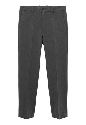 Gray tailored trousers with a textured fabric, featuring a front button closure, belt loops, and two side pockets, designed for a streamlined fit.