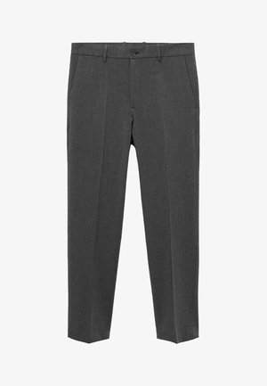 Sive prilagođene hlače od teksturirane tkanine, s prednjim zatvaranjem na dugme, petljama za remen i dva bočna džepa, dizajnirane za uski kroj.
