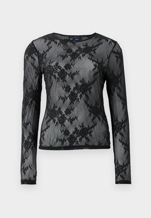 Czarna, długosleeve bluzka z przezroczystej koronkowej tkaniny z detalami w kwiatowy wzór. Okrągły dekolt i dopasowany krój. Miękka tekstura.