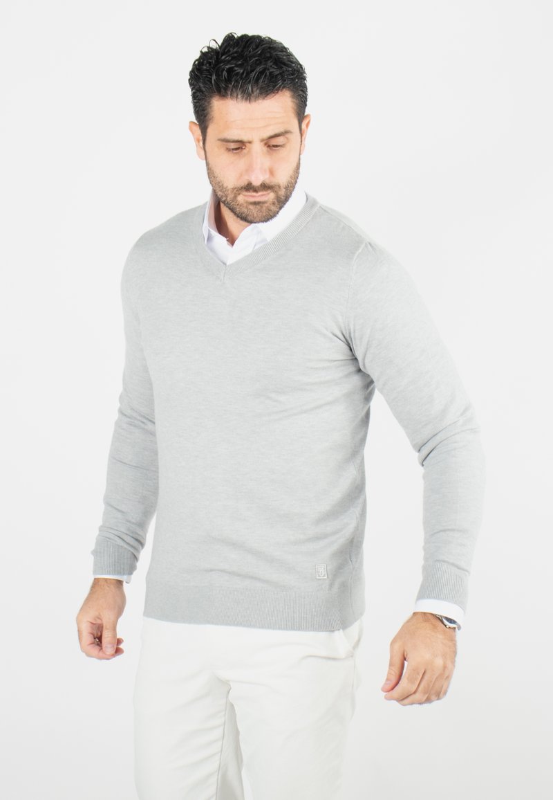 Pull à col en v gris clair avec de longues manches, des bords côtelés et une coupe ajustée. Fabriqué en tissu doux avec un petit logo sur l'ourlet.
