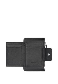 Black leather wallet with a textured finish, featuring multiple card slots, a zippered pocket, and snap closure. Embossed logo detail.