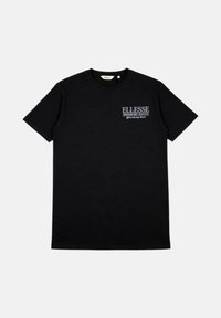 T-shirt noir à manches courtes avec le texte « ELLESSE Established 1959 Born in Italy Official Sporting Brand » imprimé sur la poitrine gauche.