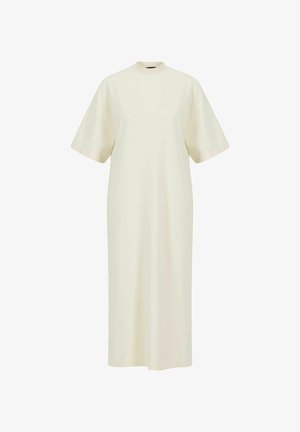 Robe midi de couleur crème, coupe ample, manches courtes larges et encolure ronde haute, présentée sur un fond blanc.