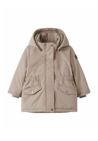 Beige polsterdatud jakk kapuutsiga, omab tekstureeritud voodrit, elastset vöökohta ja kahte esitaskut nööpkinnitajatega. Sile välimine materjal.