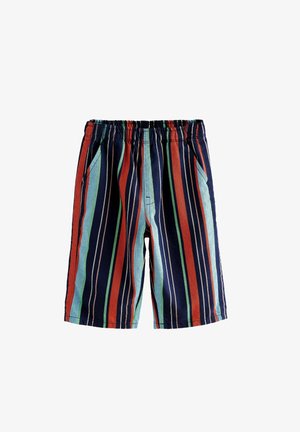 Shorts à taille élastique avec rayures verticales bleu marine, rouge, bleu clair, vert et blanc, avec poches latérales et coupe ample.