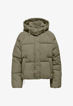 Chaqueta acolchada verde oliva con capucha, botones de presión en el frente, cordones y dos bolsillos frontales, diseñada para climas fríos.