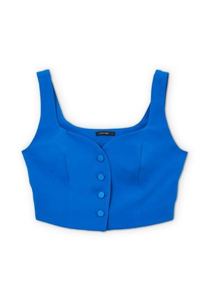 Top bleu court avec larges bretelles, fermeture à boutons sur le devant comportant cinq boutons, texture lisse, design ajusté et silhouette cintrée.