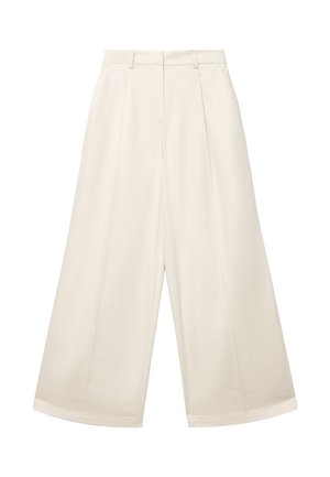Pantalon à jambes larges beige en tissu lisse, doté d'une taille haute, de plis, et d'une coupe droite offrant une tenue ample.