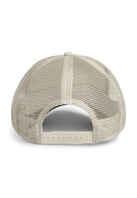 Beige mesh baseball cap featuring a plastic adjustable strap at the back, with a rounded shape and reinforced stitching.