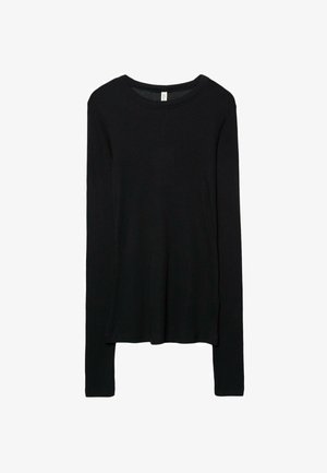 Black long-sleeve shirt, made of a smooth knit material. Round neckline, fitted shape, and elongated sleeves with a slight drop hem.