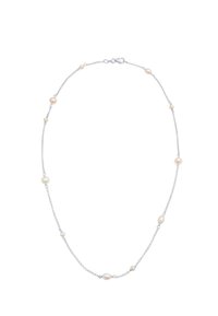 Sølv kæd necklace med uregelmæssigt formede perler i forskellige størrelser, jævnt fordelt langs kæden med lukning af fjederlås.