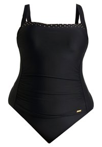 Fato de banho preto de uma só peça com alças ajustáveis, tecido texturizado, lados franzidos e detalhes em dourado na linha do decote.