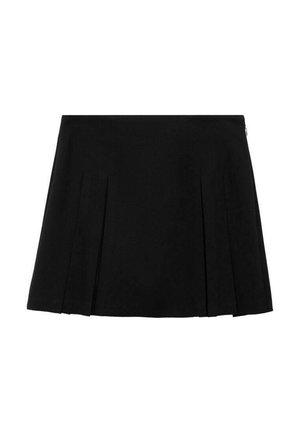Jupe mini plissée noire en tissu lisse. Elle présente une taille ajustée avec une fermeture éclair sur le côté, et des plis structurés uniformément espacés sur l'avant.