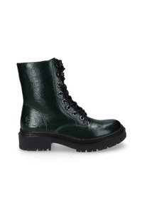 Grüne Lackleder-Ankelboots mit strukturiertem Finish, Schnürung vorne, schwarzen Hardware und einer dicken profilierten Sohle.