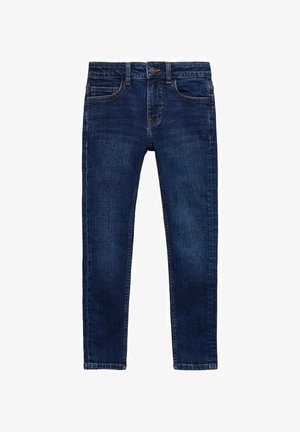 Jean en denim bleu foncé avec une coupe slim, comprenant cinq poches, une fermeture à bouton et un surlignage contrasté le long des coutures et des poches.