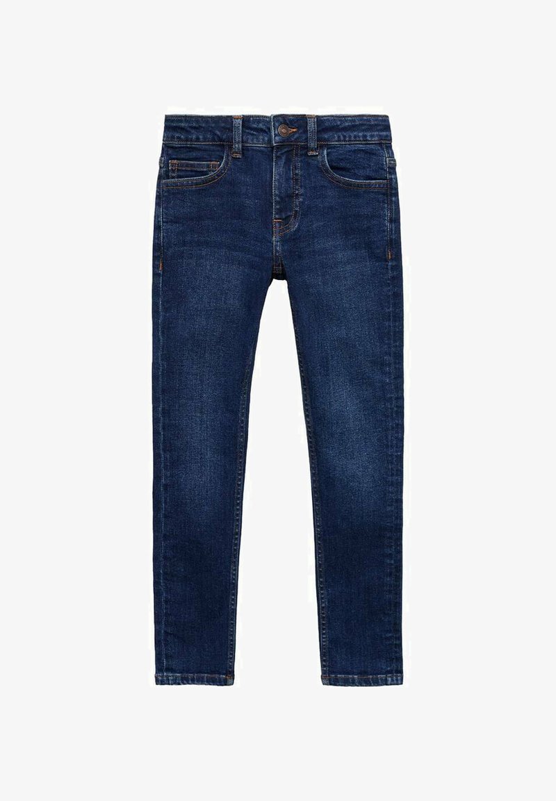 Tummansiniset farkut, joissa on slim fit -malli, viisi taskua, nappisuljenta ja kontrastiväriset tikkaus saumoissa ja taskuissa.