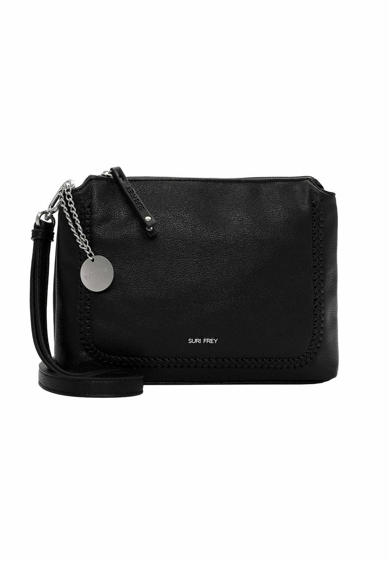 Borsa a tracolla in pelle nera con dettagli impunturati, catena argentata e logo. Forma rettangolare con superficie testurizzata e chiusura con zip.