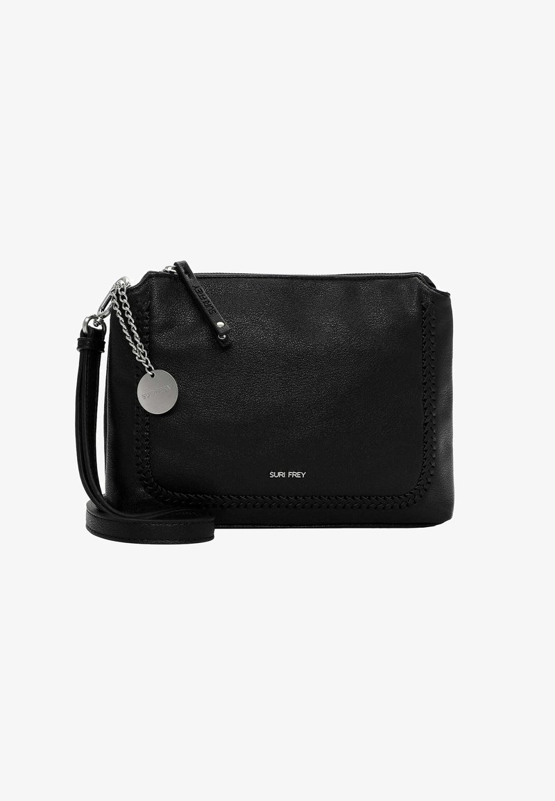 Borsa a tracolla in pelle nera con dettagli impunturati, catena argentata e logo. Forma rettangolare con superficie testurizzata e chiusura con zip.