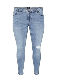 Skinny jeans in light blue denim with a distressed tear on the right thigh, five-pocket design, and standard button fly closure.