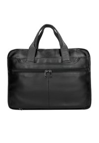 Sac à ordinateur portable en cuir noir avec poignées supérieures doubles, une poche zippée à l'avant, une texture lisse et des lignes épurées. Détails en métal argenté.