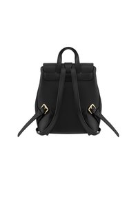 Black leather backpack with a structured shape, top handle, adjustable straps, and gold-tone hardware accents. Smooth texture and minimal design.