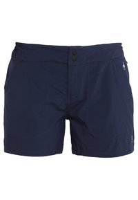 Plavkové šortky tmavě modré barvy vyrobené z lehké látky, s dvěma předními kapsami, zapínáním na dvojité knoflíky a malým logem na boku.
