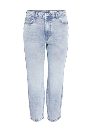 Hellblaues Denim-Jeans mit einer lässigen Passform, ausgestattet mit einem klassischen Fünf-Taschen-Design, sichtbaren Nähten und einem geraden Bein-Ausschnitt.