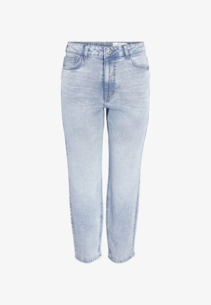 Light blue denim jeans with a relaxed fit, featuring a classic five-pocket design, visible stitching, and a straight leg cut.