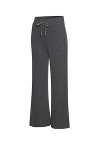 Gray wide-leg pants made of soft fabric, featuring an elastic waistband with a drawstring and a small logo detail on the side.
