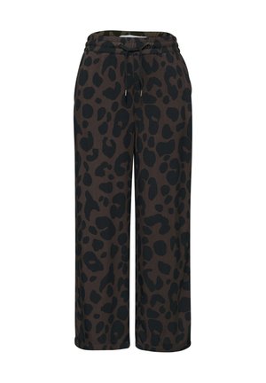 Pantalon large avec motif léopard marron foncé et noir, taille élastique et lien noir à nouer.