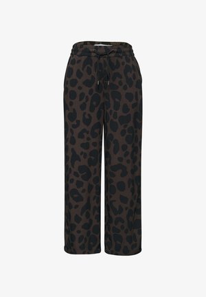 Pantalon large avec motif léopard marron foncé et noir, taille élastique et lien noir à nouer.