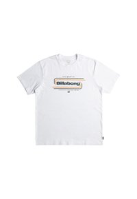 White cotton t-shirt featuring a central graphic with "Billabong" text in green, orange, and blue, with short sleeves and a crew neck.